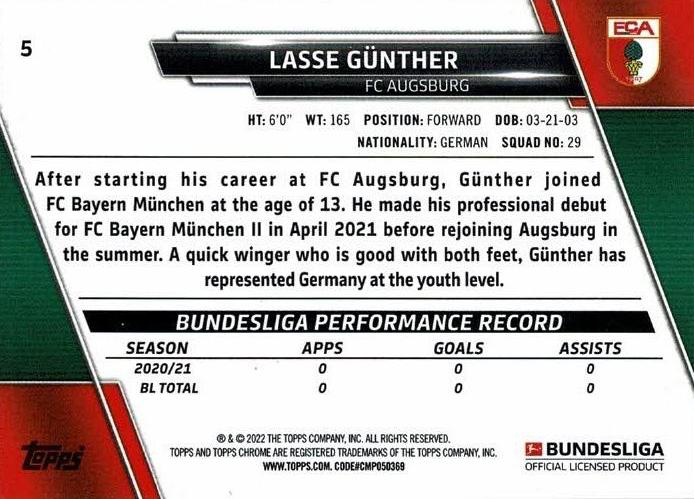 2021 Topps Chrome Bundesliga Lasse Gunther RC #5 FC Augsburg