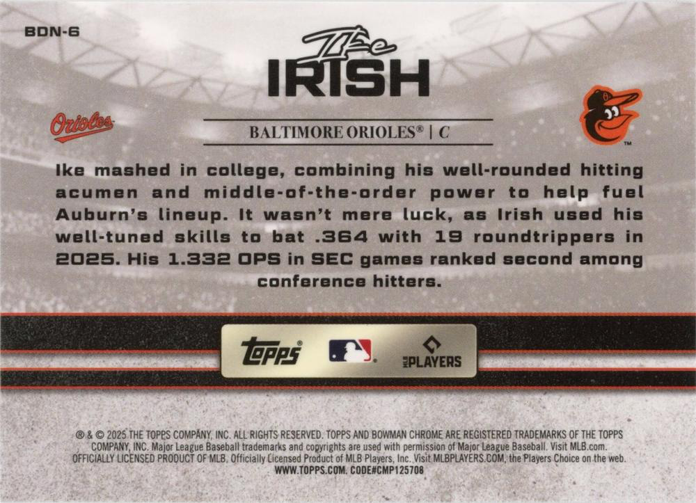 2025 Topps Bowman Draft Draft Night Ike Irish #BDN-6 Baltimore Orioles