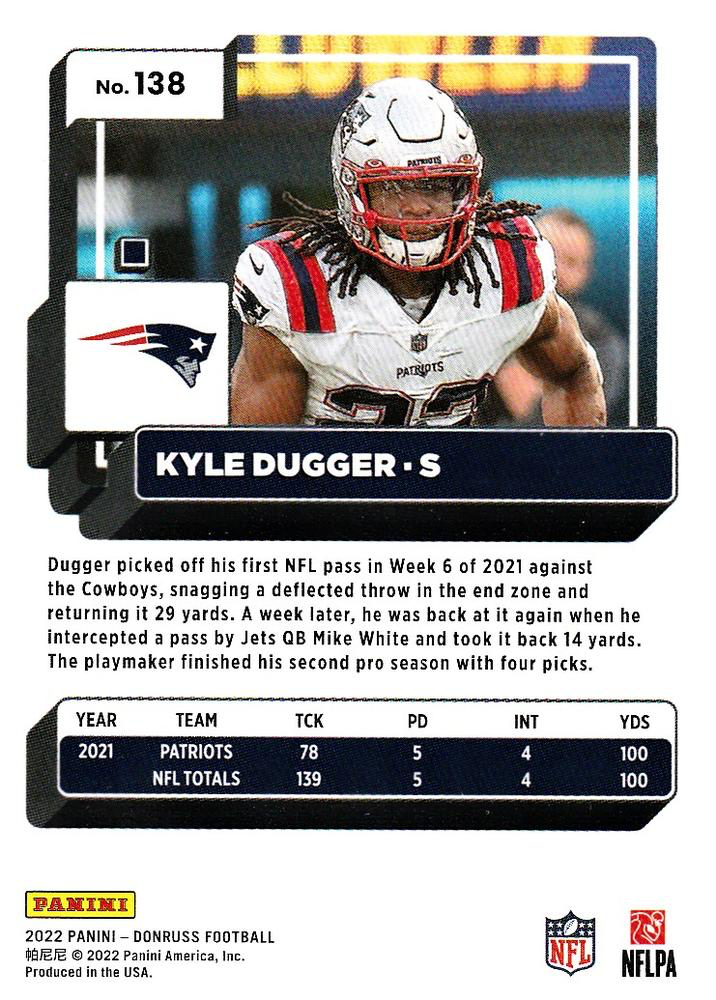 2022 Panini Donruss Kyle Dugger #138 New England Patriots