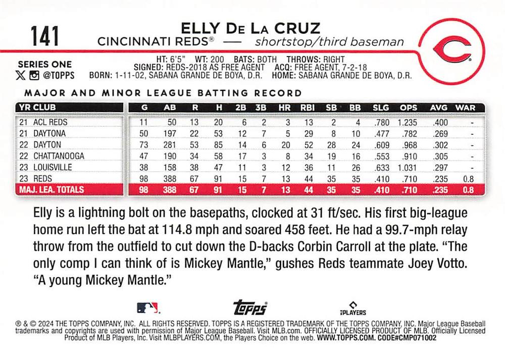 2024 Topps Series 1 Elly De La Cruz RC Cincinnati Reds #141
