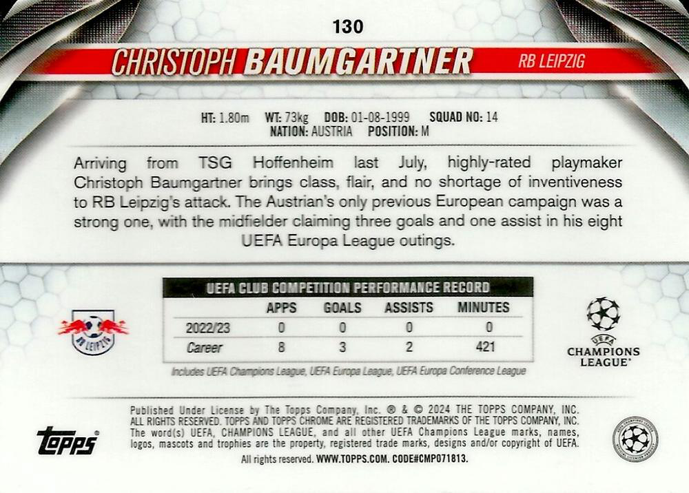 2023 Topps Chrome UEFA Club Competitions Christoph Baumgartner #130 RB Leipzig