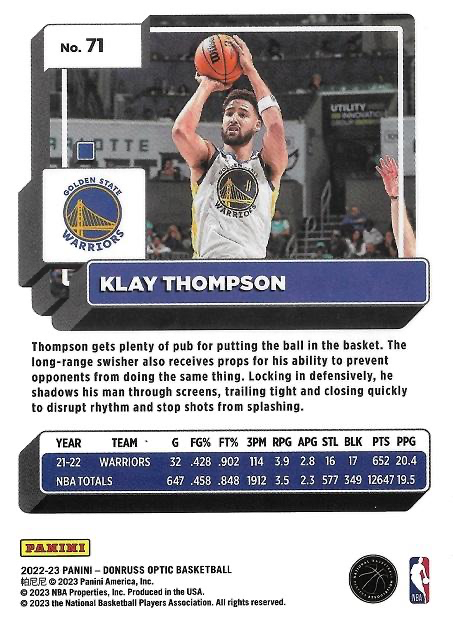 2022 Panini Donruss Optic Klay Thompson #71 Golden State Warriors