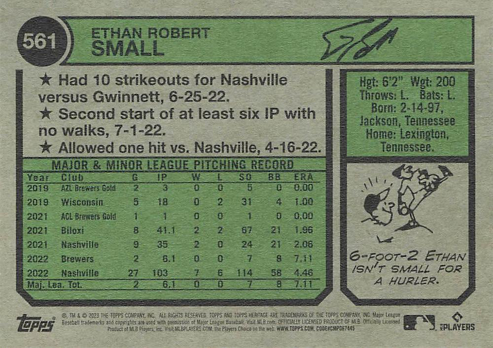 2023 Topps Heritage Ethan Small RC Milwaukee Brewers #561