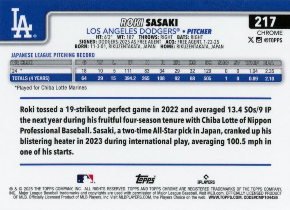 2025 Topps Chrome MLB Roki Sasaki RC #217 Los Angeles Dodgers