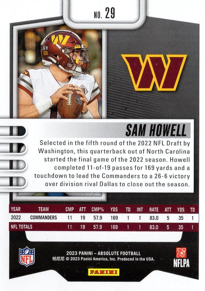2023 Panini Absolute Sam Howell #29 Washington Commanders