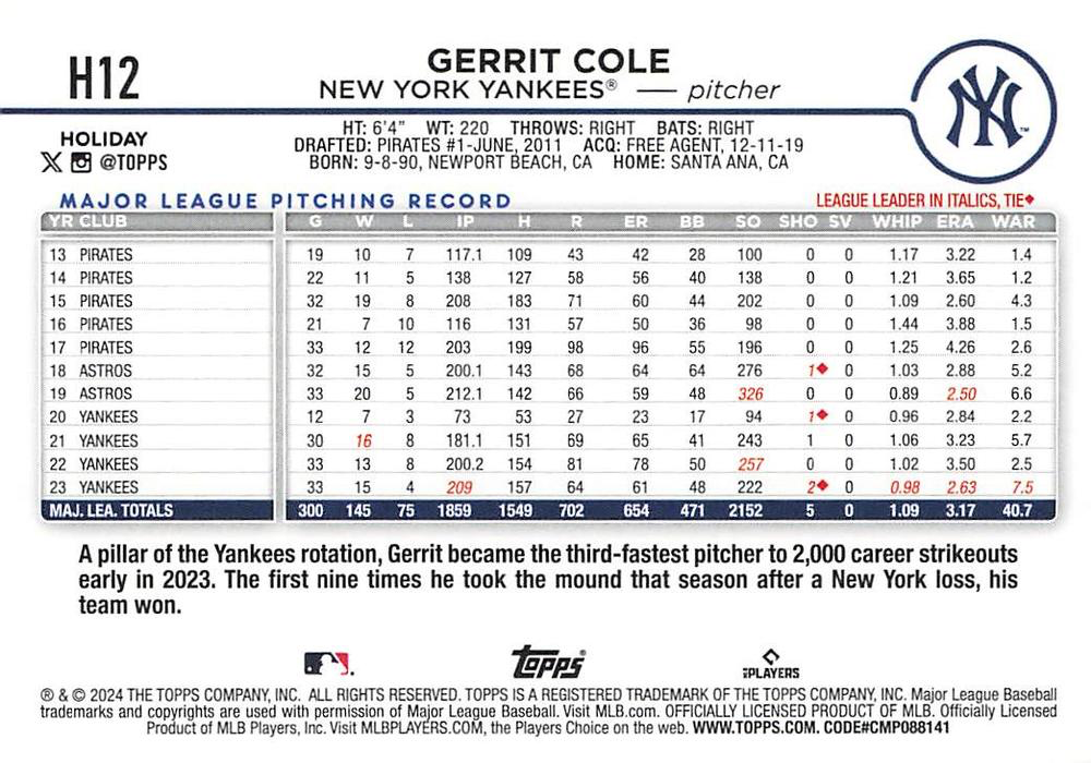 2024 Topps Holiday Gerrit Cole New York Yankees #H12