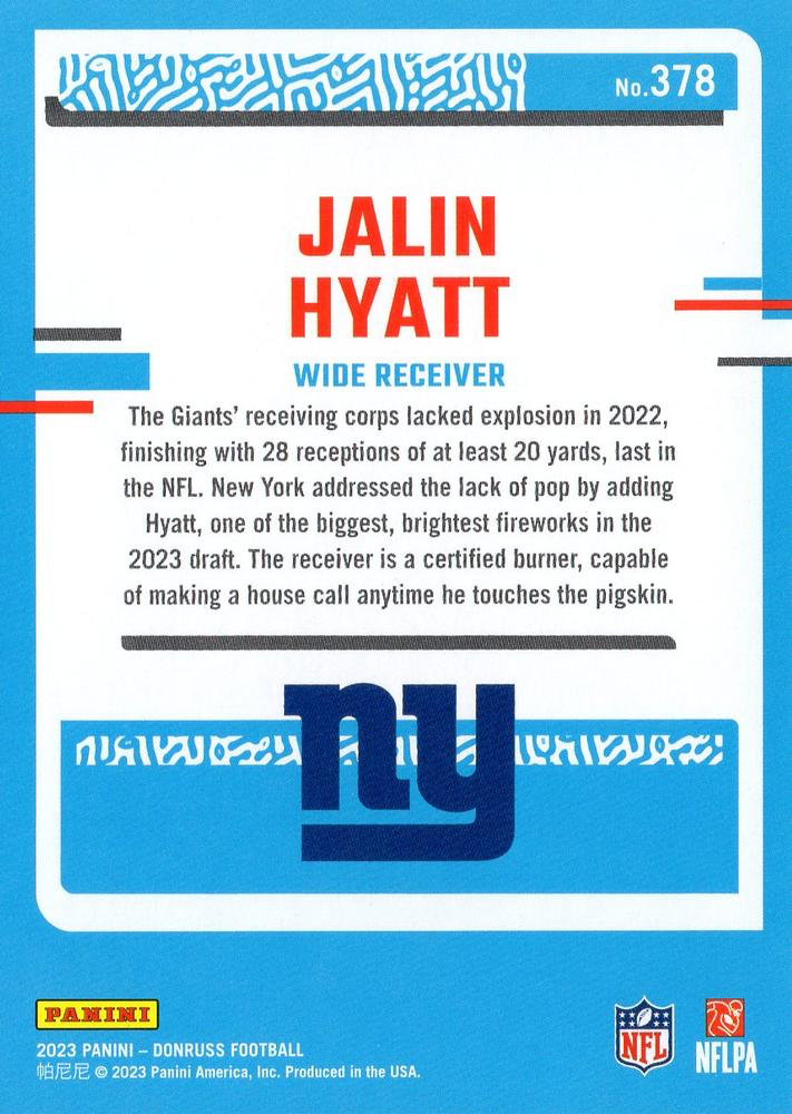 2023 Panini Donruss Rated Rookie Jalin Hyatt RC #378 New York Giants
