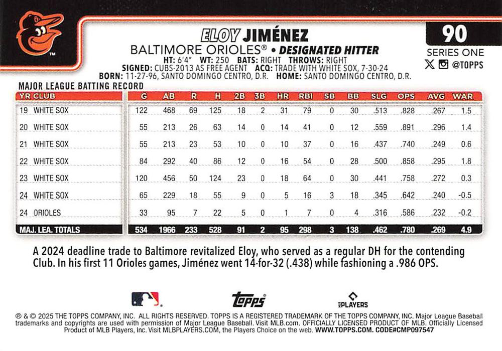 2025 Topps Series 1 Eloy Jiménez Baltimore Orioles #90