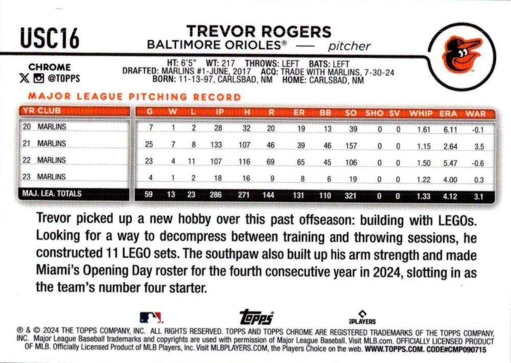 2024 Topps Chrome Update X-Fractor Parallel Trevor Rogers Baltimore Orioles #USC16