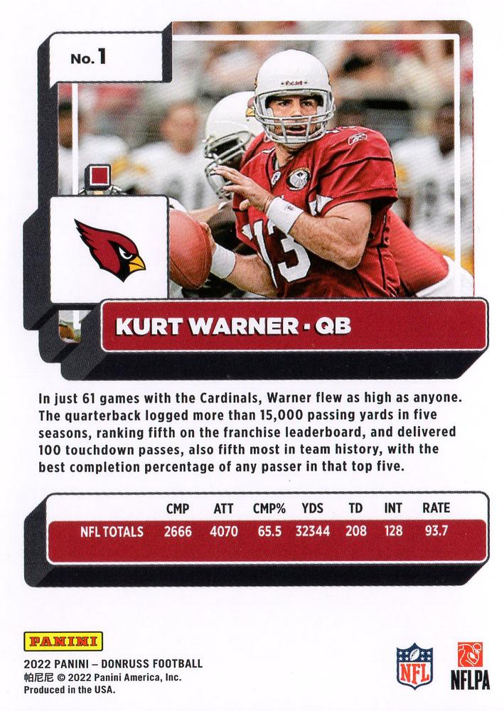 2022 Panini Donruss Kurt Warner #1 Arizona Cardinals