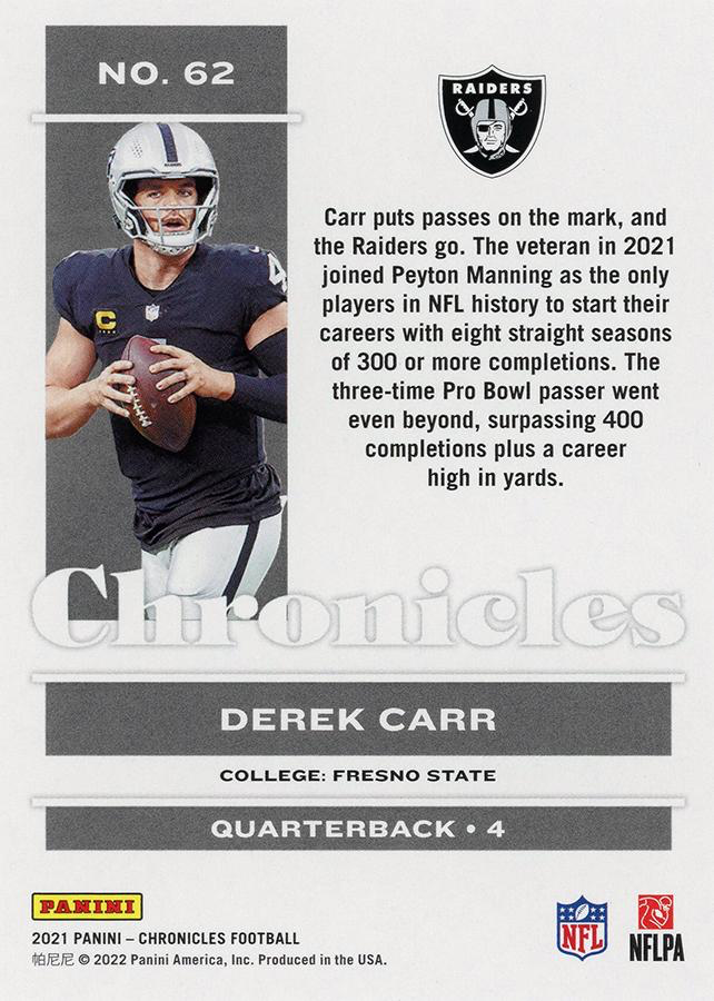 2021 Panini Chronicles Derek Carr #62 Las Vegas Raiders