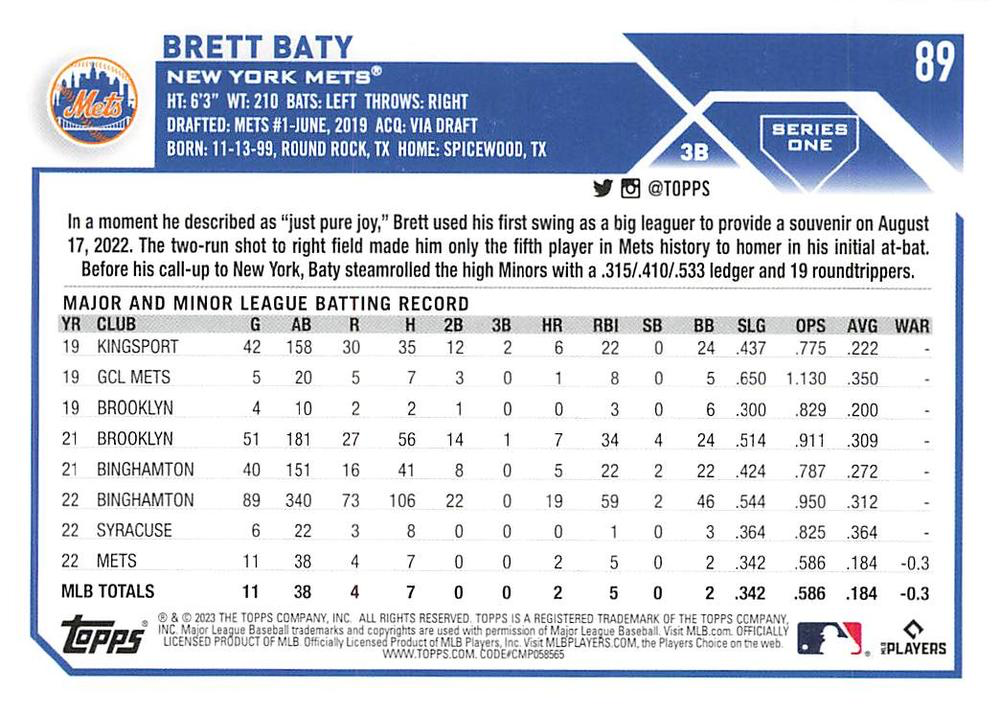 2023 Topps Series 1 Brett Baty RC New York Mets #89