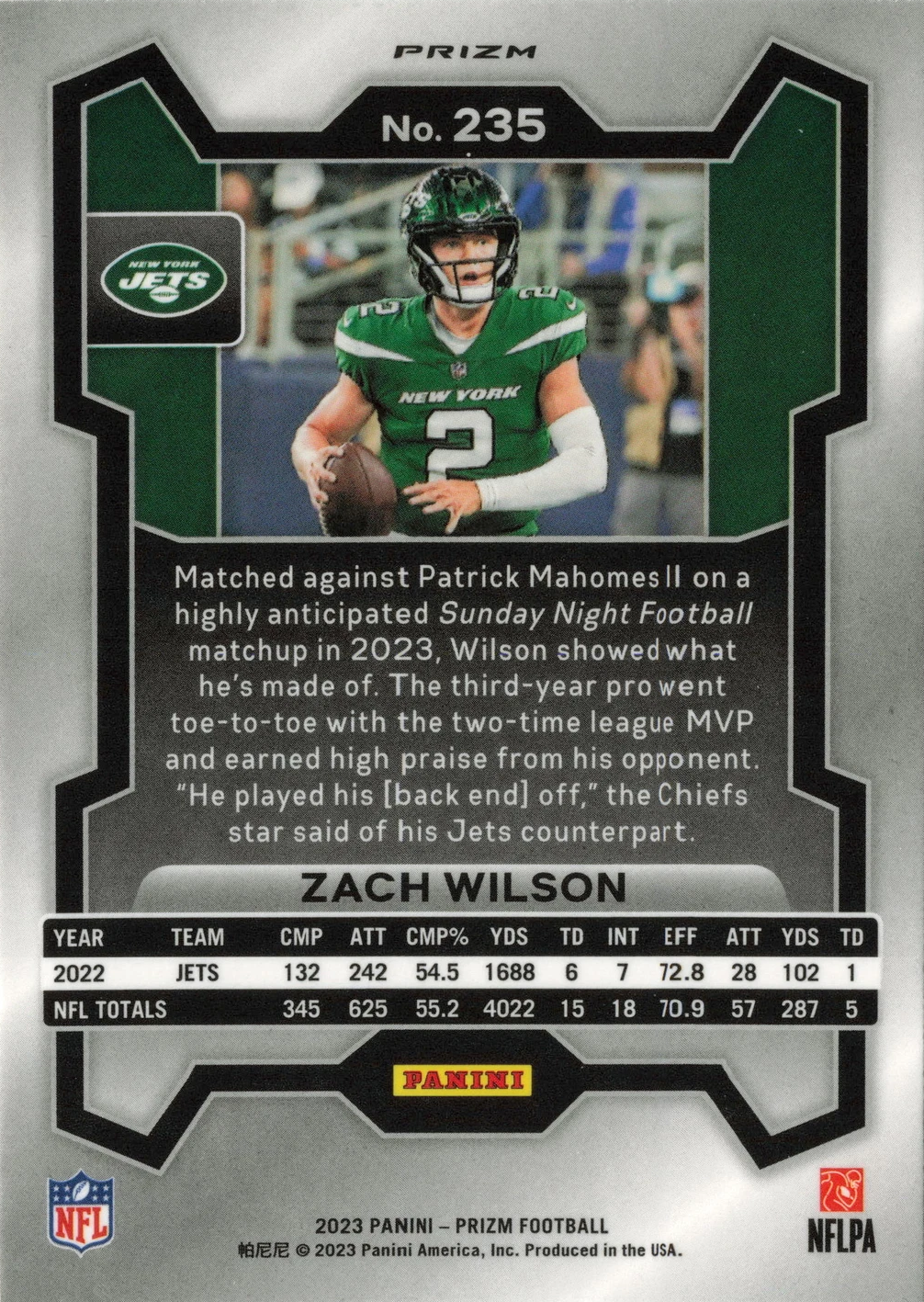 2023 Panini Prizm Lazer Orange Zach Wilson New York Jets #235