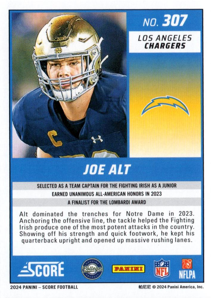 2024 Panini Score Football Joe Alt Los Angeles Chargers #307 RC
