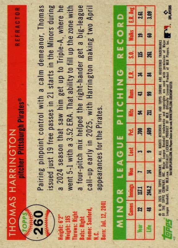 2025 Topps Chrome Platinum RC Refractor Thomas Harrington #260 Pittsburgh Pirates