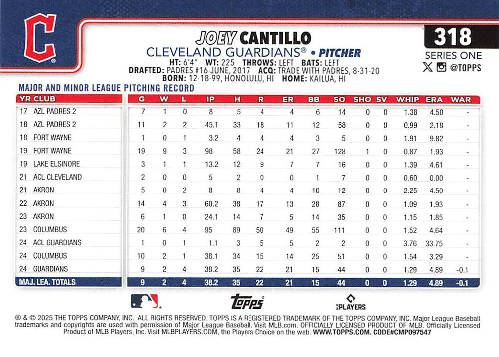 2025 Topps Series 1 Joey Cantillo RC Cleveland Guardians #318