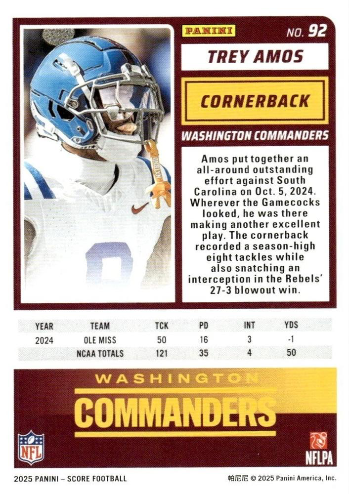 2025 Panini Score Trey Amos RC #92 Washington Commanders