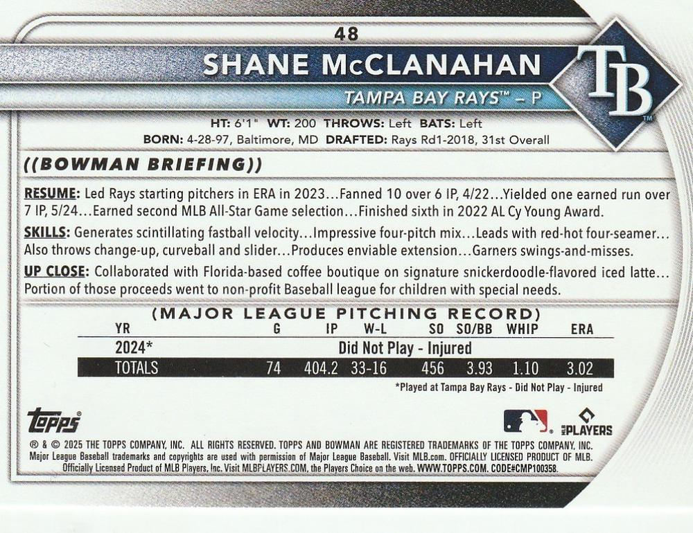 2025 Topps Bowman Shane McClanahan Tampa Bay Rays #48