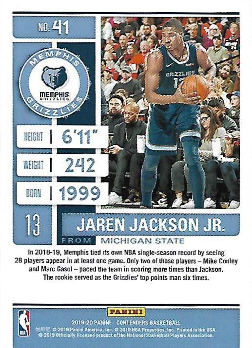 2019 Panini Contenders Jaren Jackson Jr. #41 Memphis Grizzlies