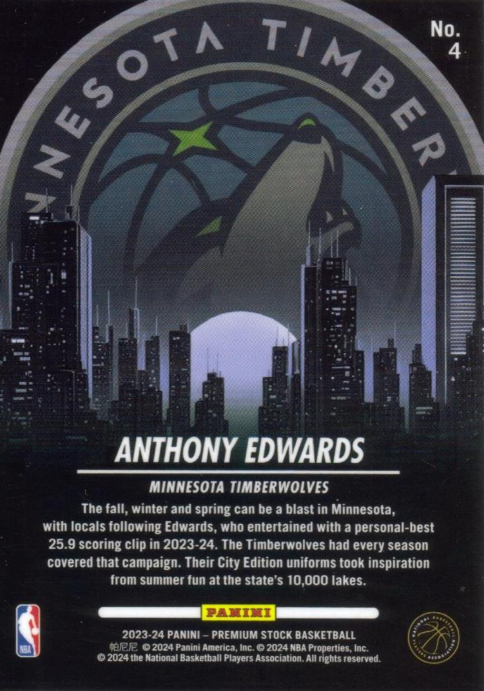 2023 Panini Premium Stock City Edition Anthony Edwards #4 Minnesota Timberwolves