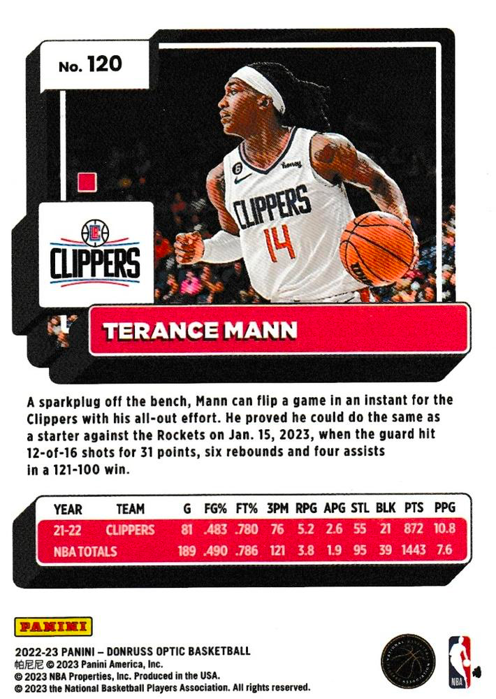 2022 Panini Donruss Optic Terance Mann #120 Los Angeles Clippers
