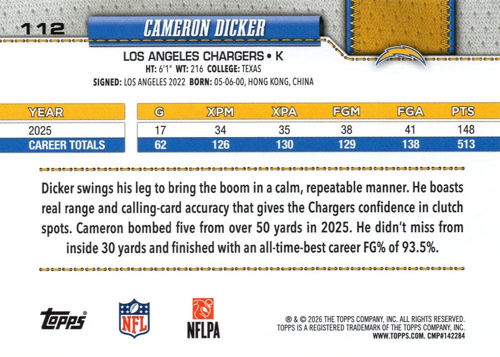 2026 Topps Flagship Cameron Dicker #112 Los Angeles Chargers
