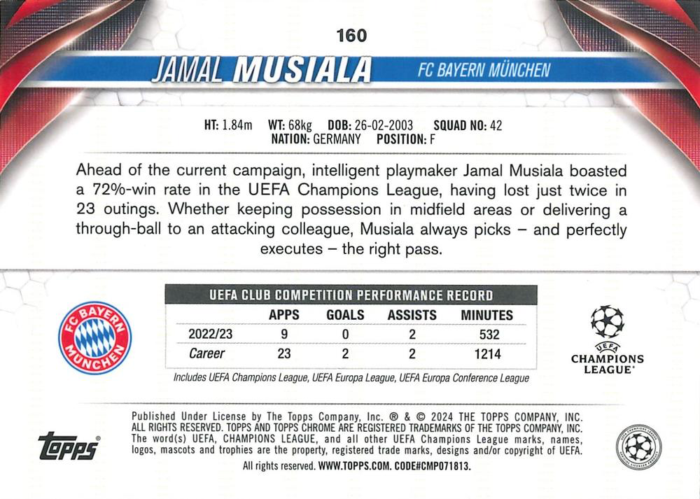2023 Topps Chrome UEFA Club Competitions Jamal Musiala #160 FC Bayern Munchen