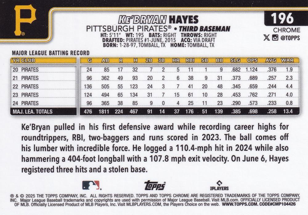 2025 Topps Chrome MLB Ke'Bryan Hayes #196 Pittsburgh Pirates