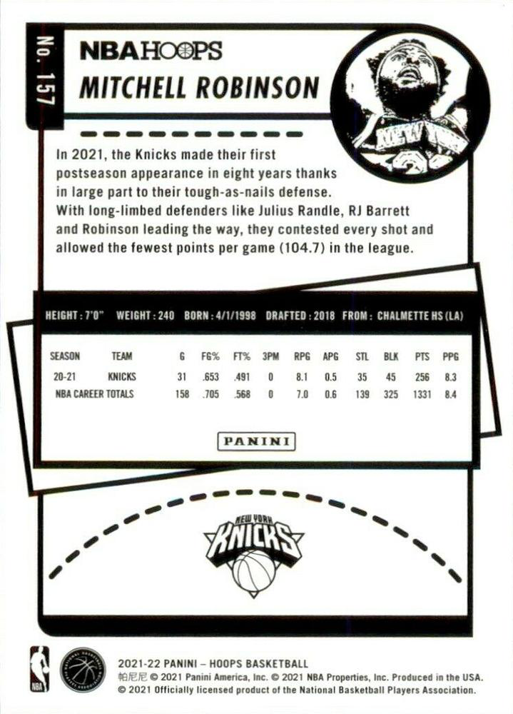 2021 Panini Hoops Mitchell Robinson #157 New York Knicks