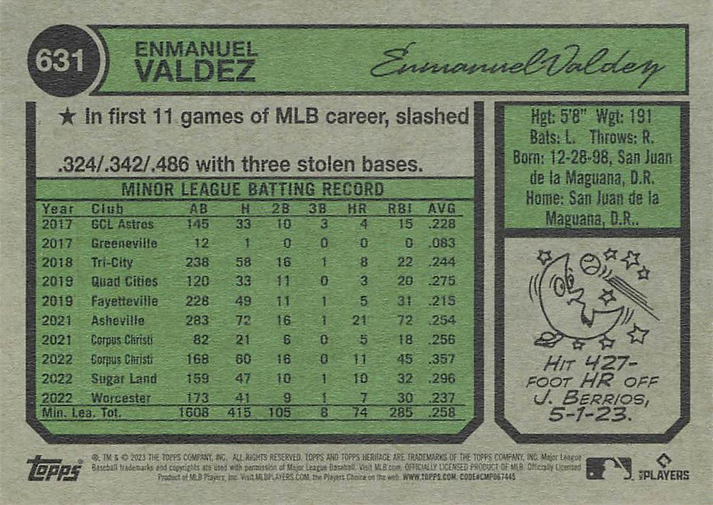2023 Topps Heritage Enmanuel Valdez RC Boston Red Sox #631