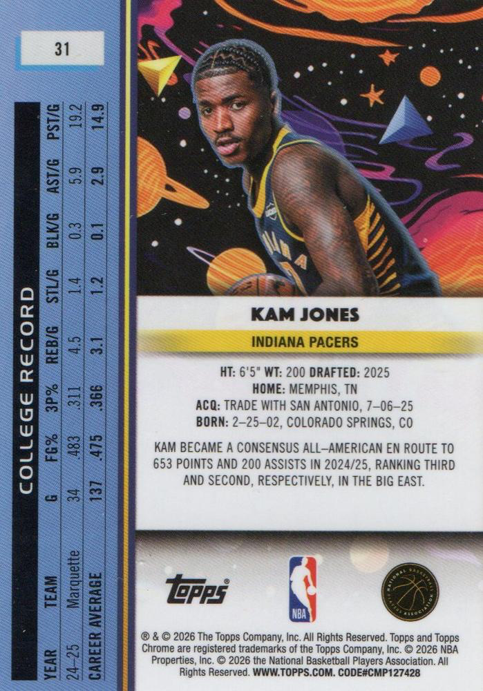 2025 Topps Chrome Cosmic Kam Jones RC #31 Indiana Pacers