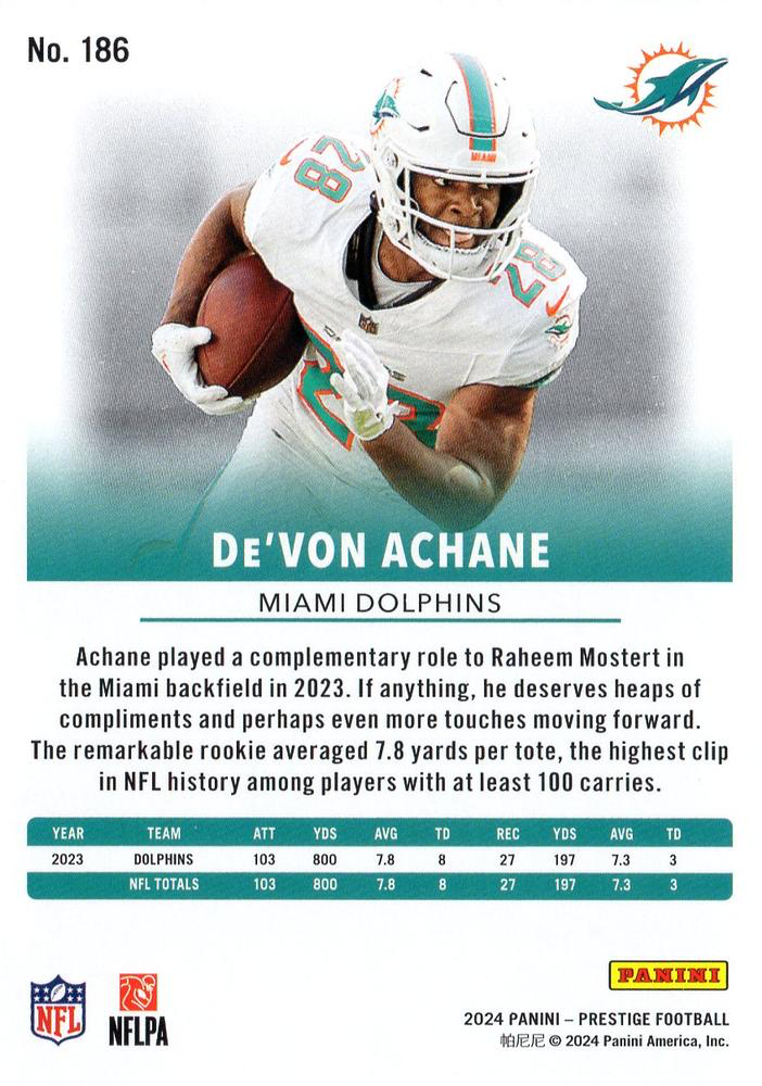 2024 Panini Prestige De'Von Achane #186 Miami Dolphins