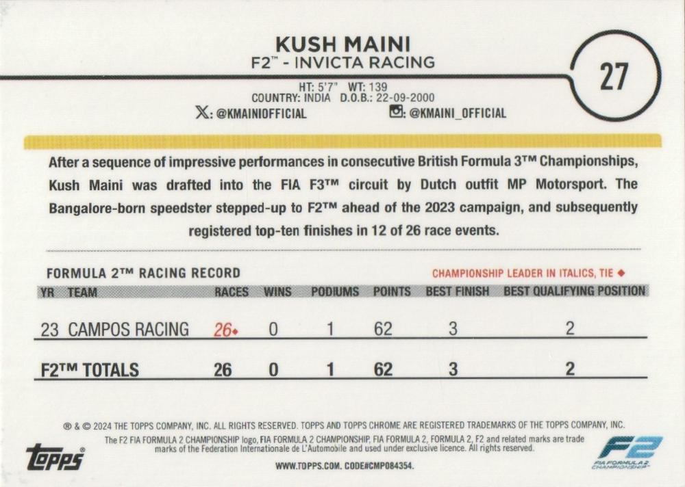 2024 Topps Chrome Formula 1 Kush Maini F2D #27 Invicta Racing