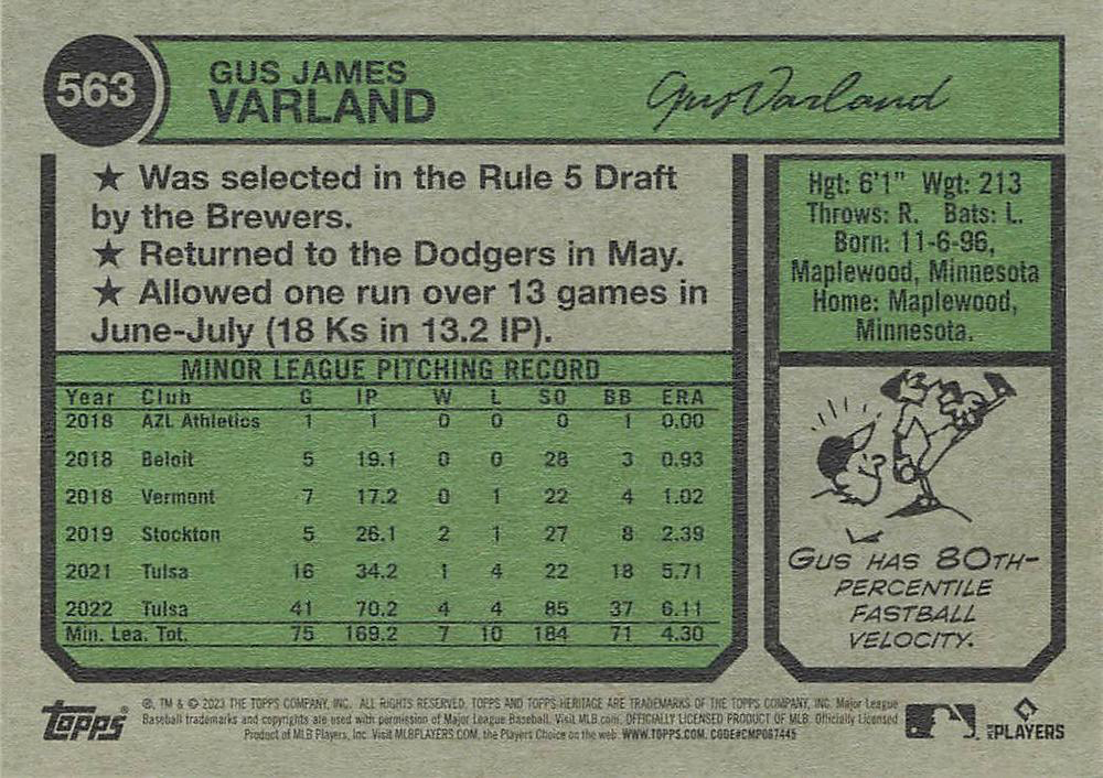 2023 Topps Heritage Gus Varland RC Los Angeles Dodgers #563