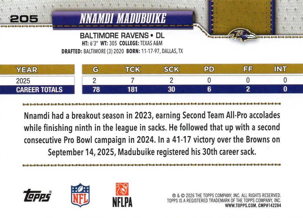 2026 Topps Flagship Nnamdi Madubuike #205 Baltimore Ravens