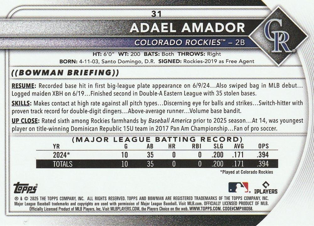 2025 Topps Bowman Adael Amador RC Colorado Rockies #31