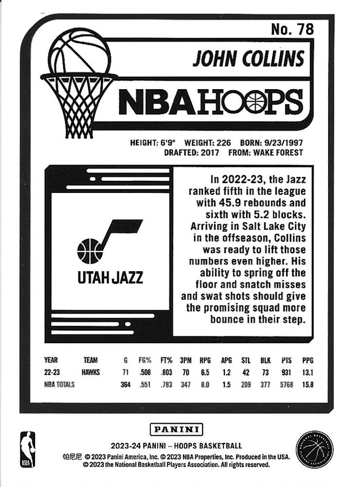 2023 Panini Hoops John Collins #78 Utah Jazz
