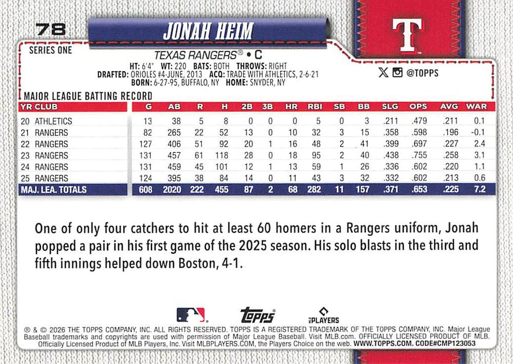 2026 Topps Series 1 Jonah Heim #78 Texas Rangers