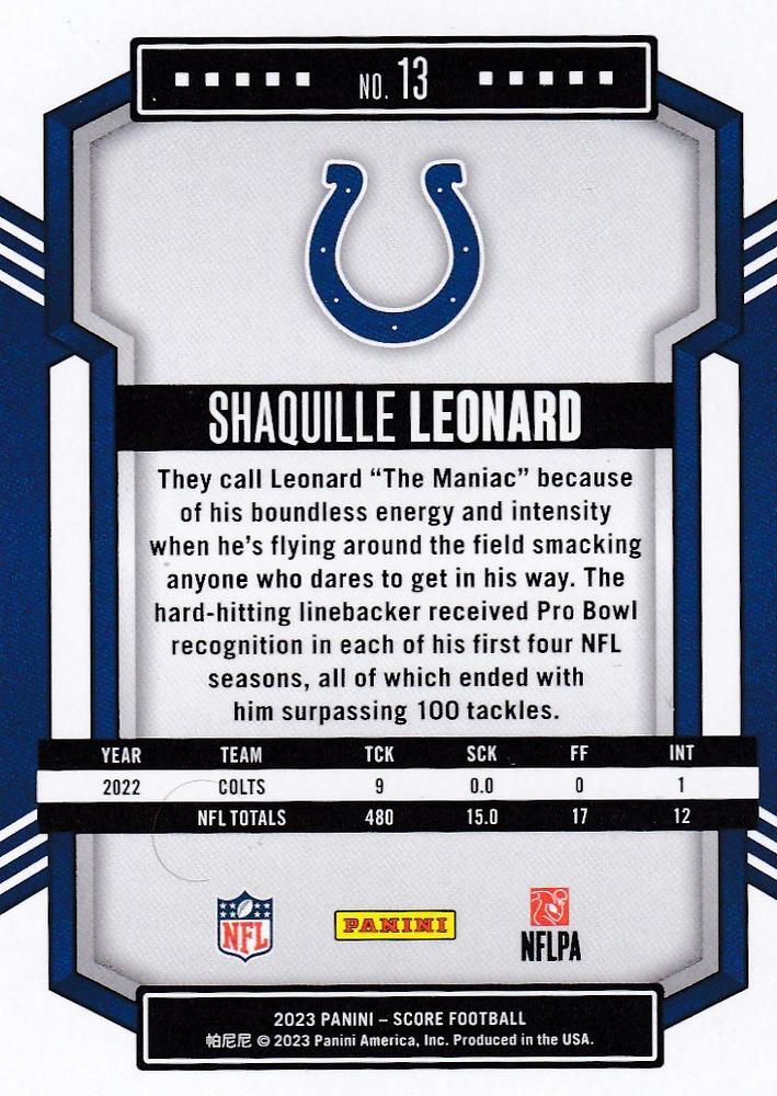2023 Panini Score Football Shaquille Leonard Indianapolis Colts #13