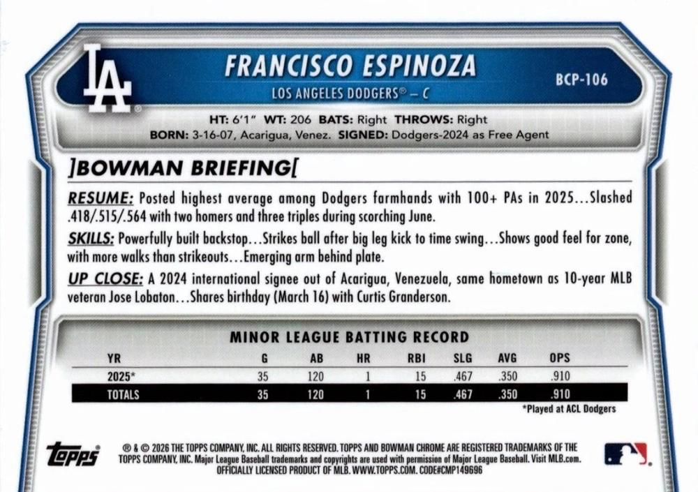 2026 Topps Bowman Chrome Mojo Prospects Francisco Espinoza #BP-106 Los Angeles Dodgers