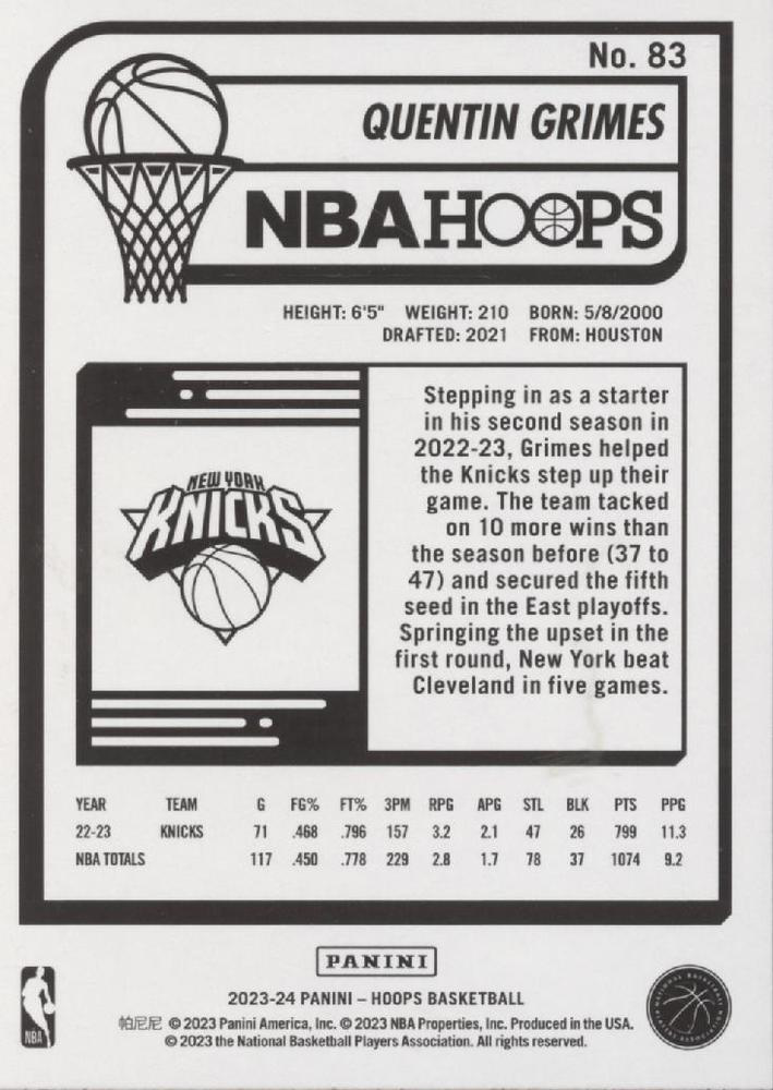 2023 Panini Hoops Quentin Grimes #83 New York Knicks