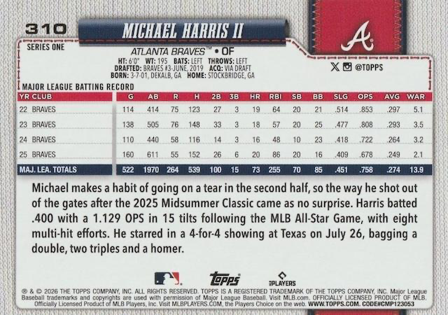 2026 Topps Series 1 Michael Harris II #310 Atlanta Braves