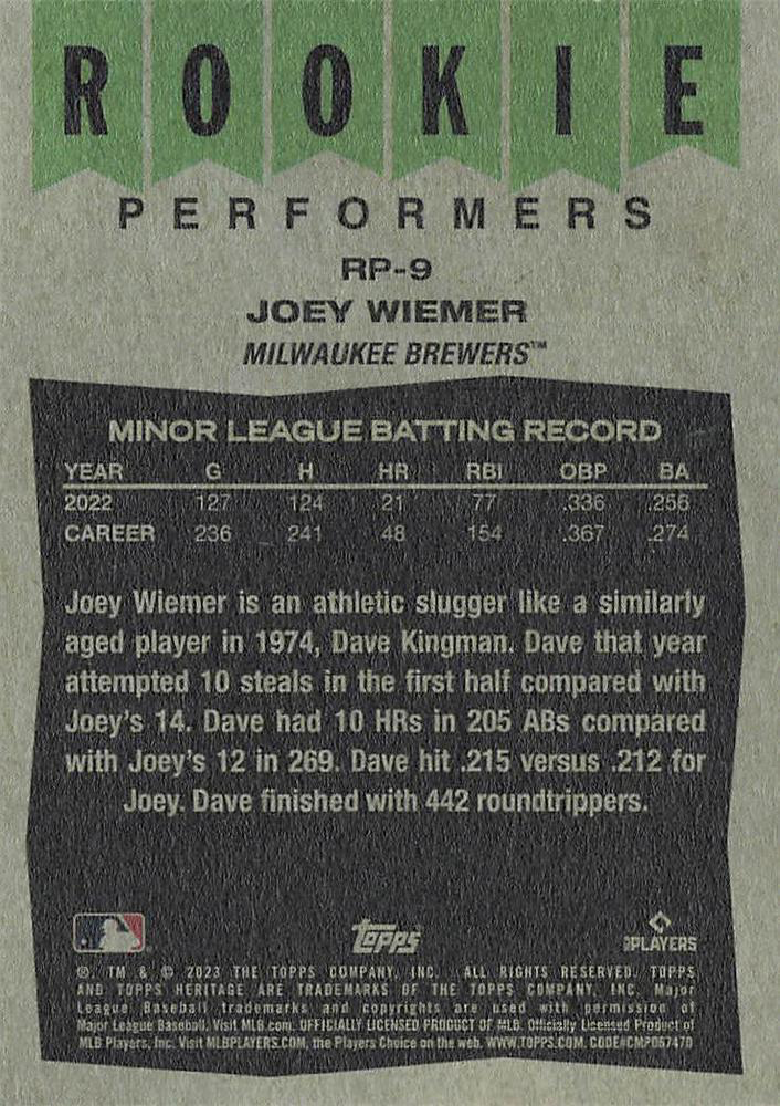 2023 Topps Heritage Rookie Performers Joey Wiemer Milwaukee Brewers #RP-9