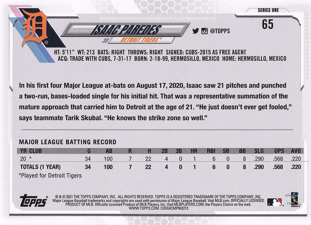 2021 Topps Series 1 Isaac Paredes RC #65 Detroit Tigers