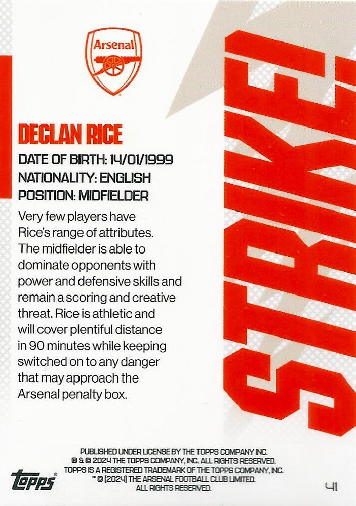 2023 Topps Arsenal Team Set Icy Declan Rice Strike! #41 Arsenal FC