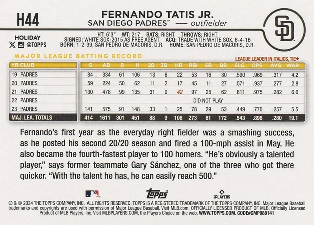 2024 Topps Holiday Silver Glitter Fernando Tatis Jr. San Diego Padres #H44