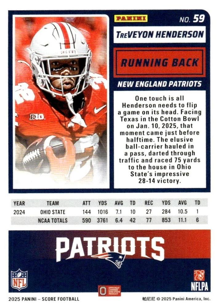 2025 Panini Score TreVeyon Henderson RC #59 New England Patriots