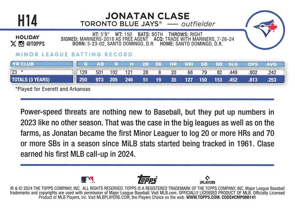 2024 Topps Holiday Jonatan Clase RC (UER – Mariners front / Blue Jays back) Seattle Mariners / Toronto Blue Jays #H14