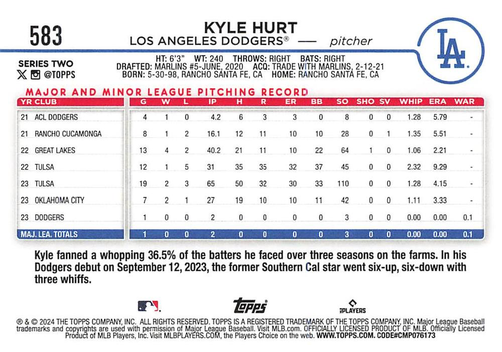 2024 Topps Series 2 Kyle Hurt RC Los Angeles Dodgers #583