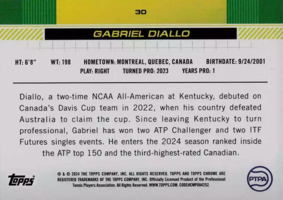 2024 Topps Chrome Tennis Gabriel Diallo RC #30
